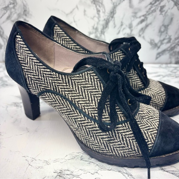 Johnson & Murphy Gail Piped Oxfords Black and Gray Women Lace-Up Heels size 7.5